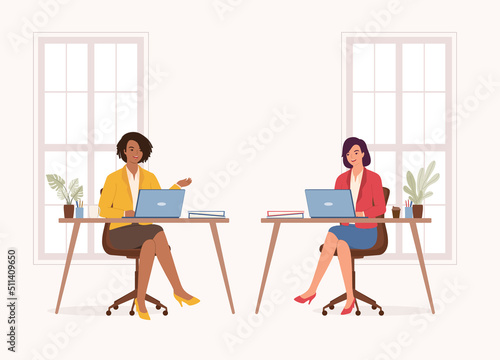 Two Female Employee With Different Ethnicity Talking With Each Other In Workplace. Full Length. Character, Cartoon.
