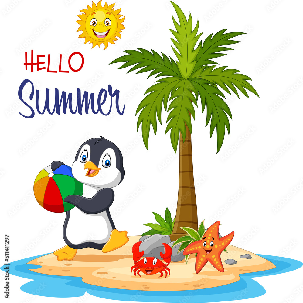Naklejka premium Cartoon penguin holding a beach ball in the tropical island
