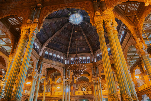 MYSORE, BANGALORE, INDIA - NOVEMBER 25TH,2018 : Decoated ceiling of the Kalyana Mantapa or marriage hall inside the royal Mysore Palace, beautiful interior walls, A very famous tourist attraction. photo