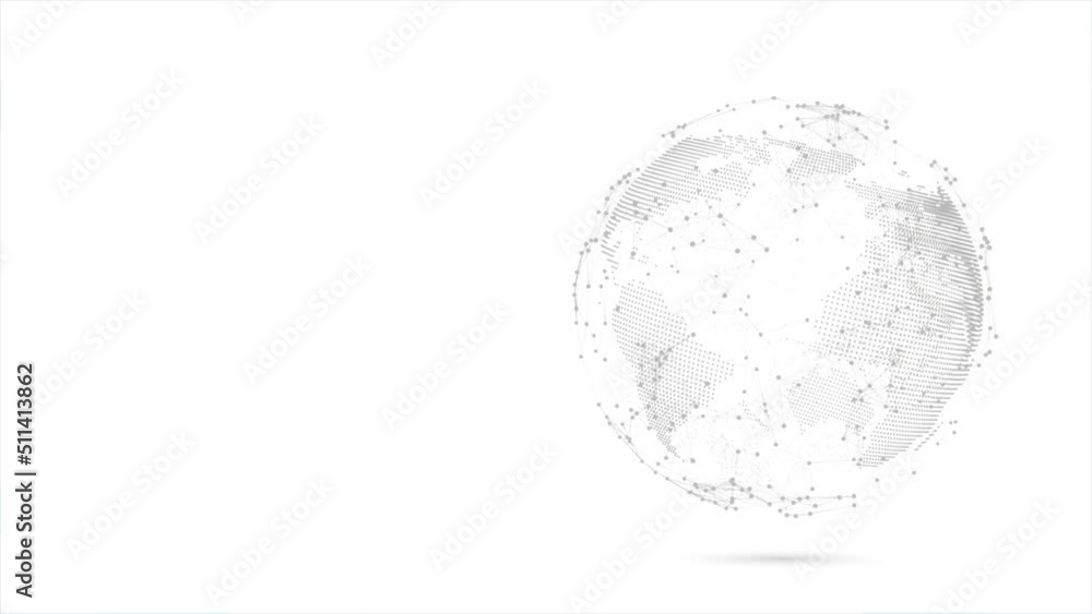 Tech earth globalization in 3d animation. Global Business dots on rotating planet.