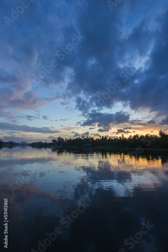 Twilight sky and countryside view along Tha Chin river(Maenam Tha Chin),Nakhon Pathom,Thailand