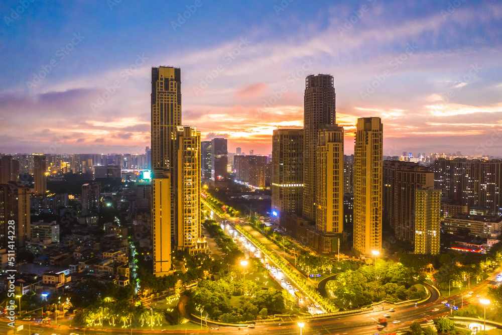 Haikou Cityscape in the Dayingshan  District, with Landmark Buildings and Sunset Glow, Hainan Province, the Largest Free Trade Zone in China.