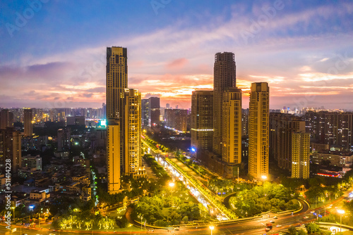 Haikou Cityscape in the Dayingshan District, with Landmark Buildings and Sunset Glow, Hainan Province, the Largest Free Trade Zone in China.
