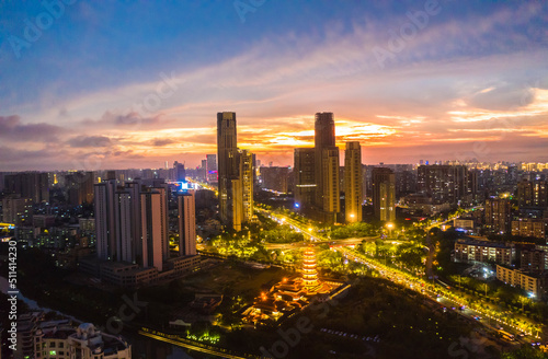 Haikou Cityscape in the Dayingshan District, with Landmark Buildings and Sunset Glow, Hainan Province, the Largest Free Trade Zone in China.