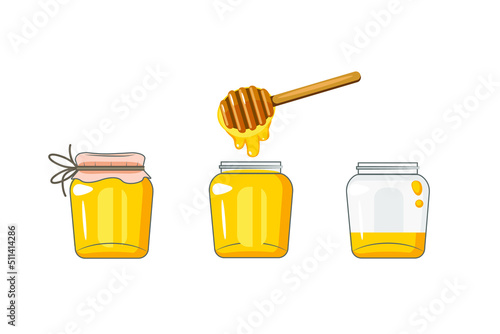 Jars of sweet honey and dipper on white background