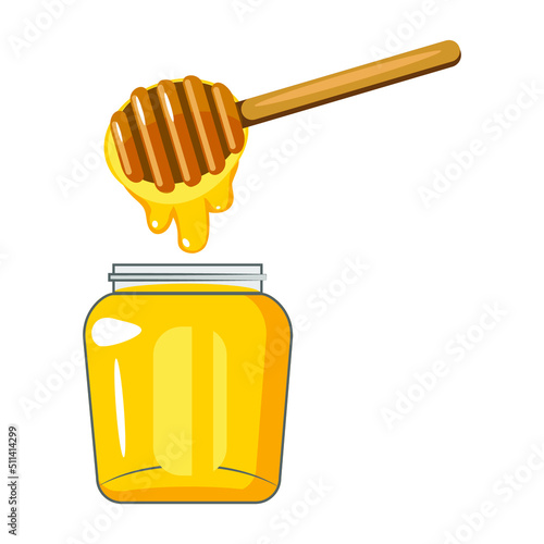 Jar of sweet honey and dipper on white background