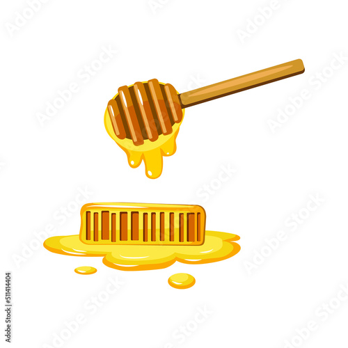 Sweet honey combs and dipper on white background