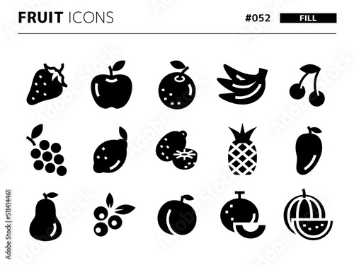 フルーツに関連する塗りつぶしスタイルのアイコンセット_052