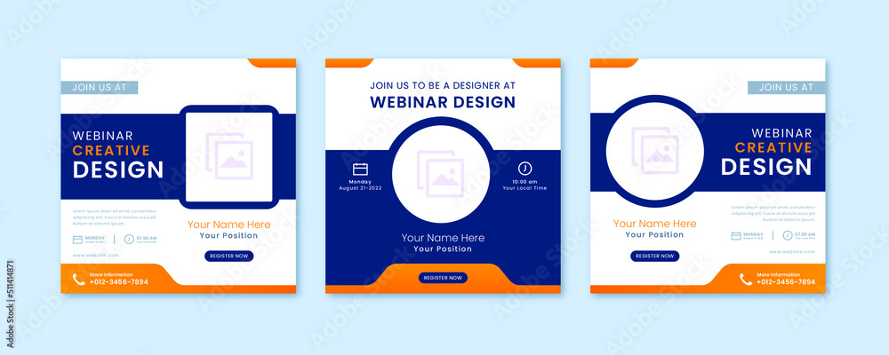 Webinar social media post template collection. Modern banner with abstract shape background and place for the photo. Usable for social media, story, banner, and website.