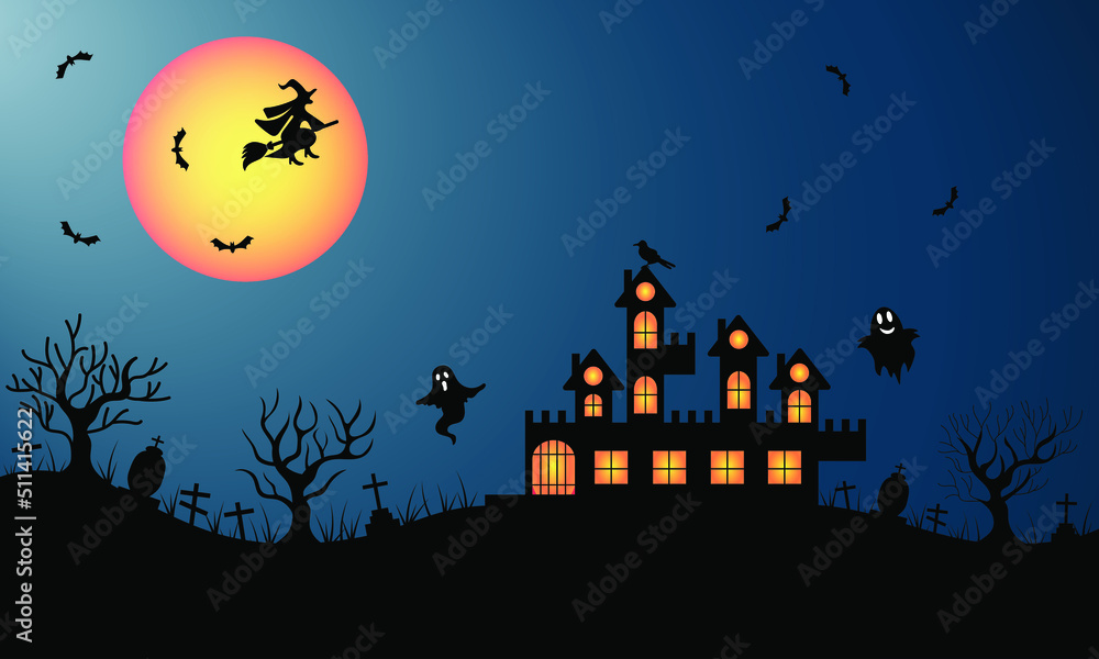 Halloween blue background with black silhouette