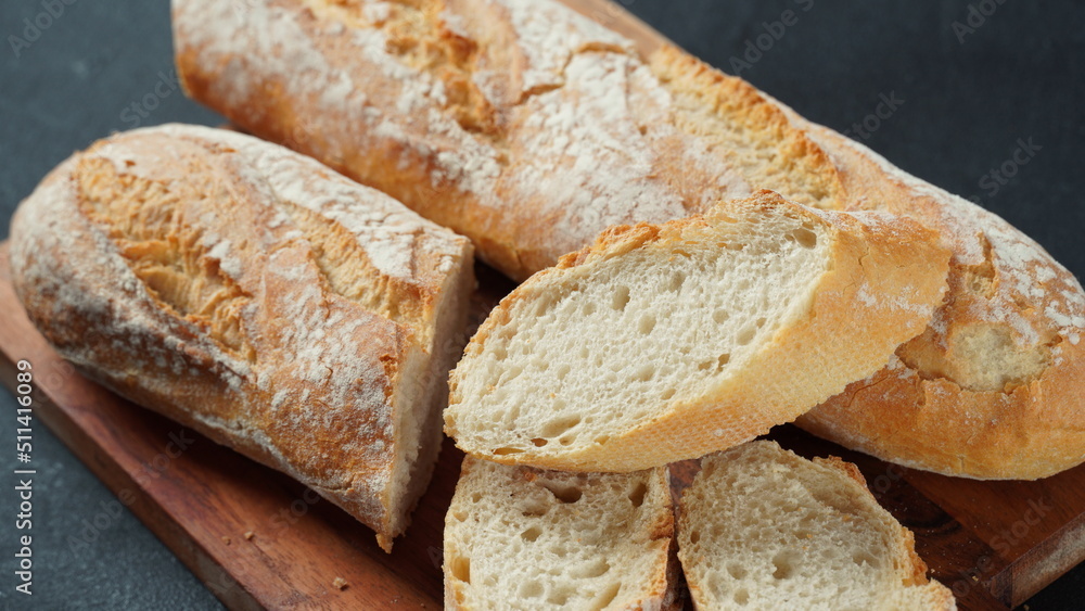 White french baguette or bread roll closeup, traditional food