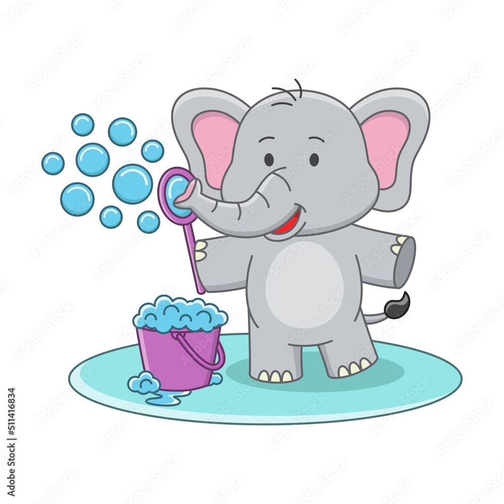 Obraz premium Cartoon illustration of a cute elephant playing with a soap bubble toy