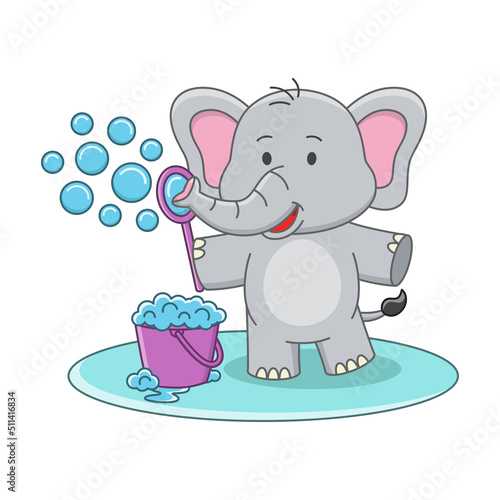 Cartoon illustration of a cute elephant playing with a soap bubble toy