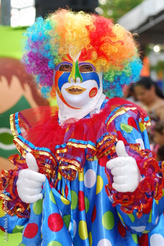 Clown costume at the traditional carnival in the city of Maragojipe Bahia, Brazil on February 13, 2018.