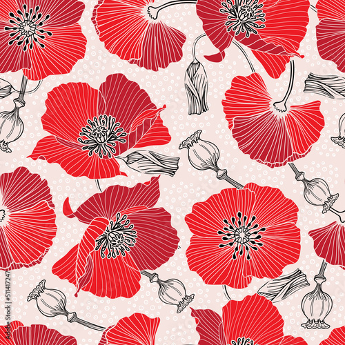 Abstract seamless background print of scarlet red poppy flowers. Vector illustration. Surface pattern design  perfect for textiles  wallpaper  office supplies  packaging  home and garden decoration