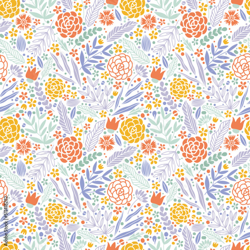 Floral seamless pattern with wild plants in doodle style. Summer floral background.
