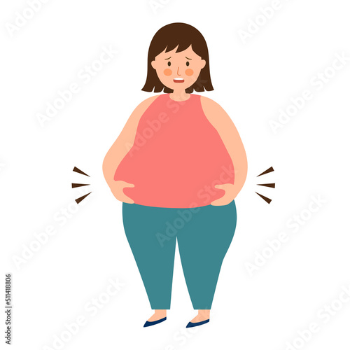 Fat woman looking and touching her belly  in flat design on white background. Overweight lady worrying about her body shape.