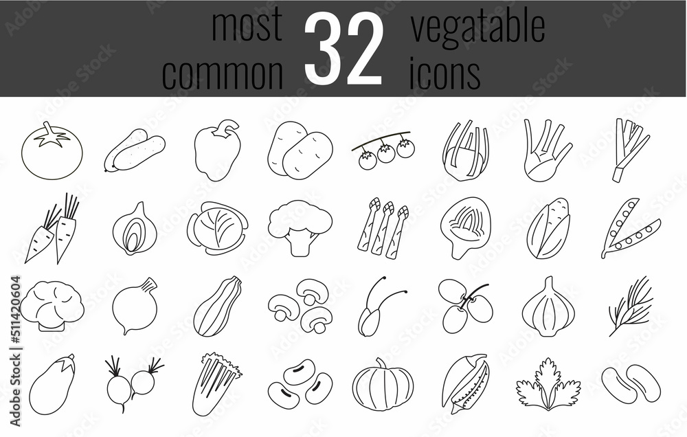 Most common vegetables thin line web icon set. Outline icons collection. Simple vector illustration.