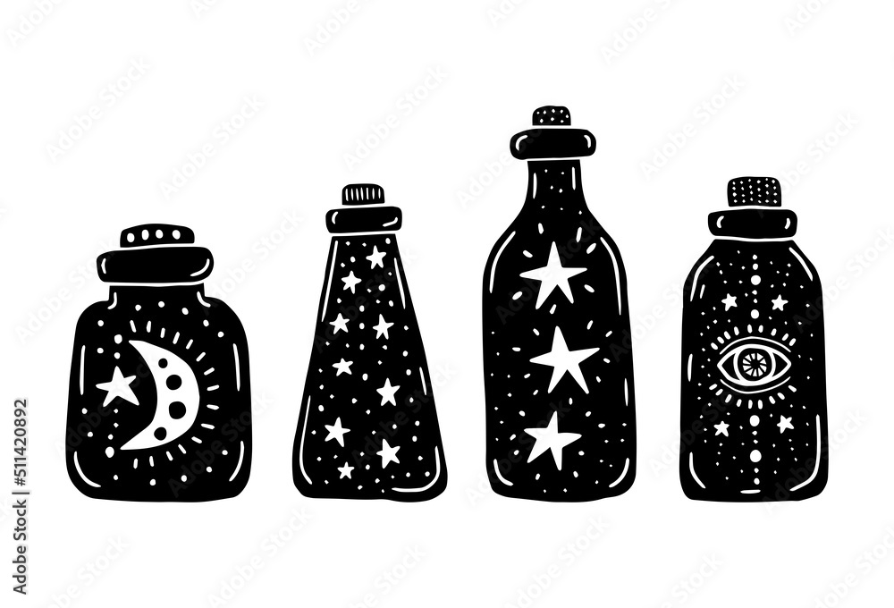 Magic bottles. Black and white illustration isolated Stock Vector ...