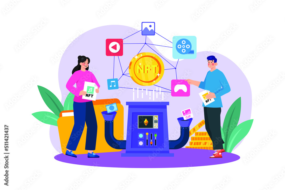 Obraz premium NFT minting process Illustration concept. Flat illustration isolated on white background.