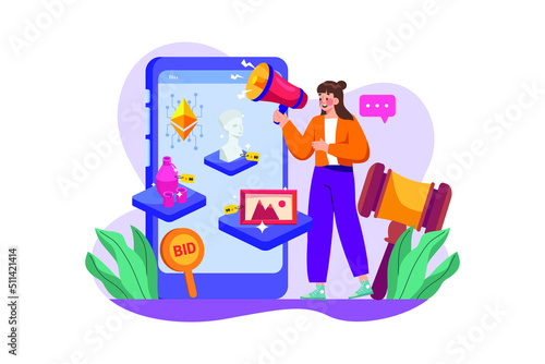 Promoting NFT art auction Illustration concept. Flat illustration isolated on white background.