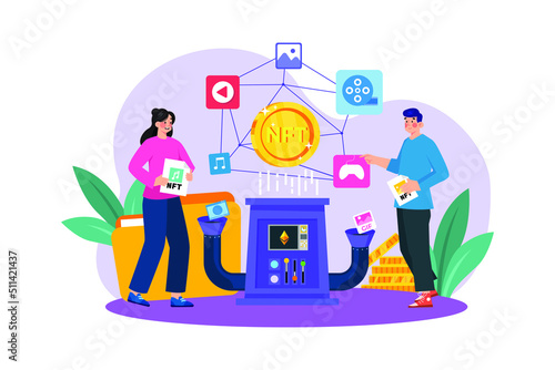 NFT minting process Illustration concept. Flat illustration isolated on white background.
