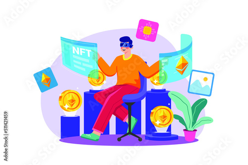 Create NFT using VR tech Illustration concept. Flat illustration isolated on white background.