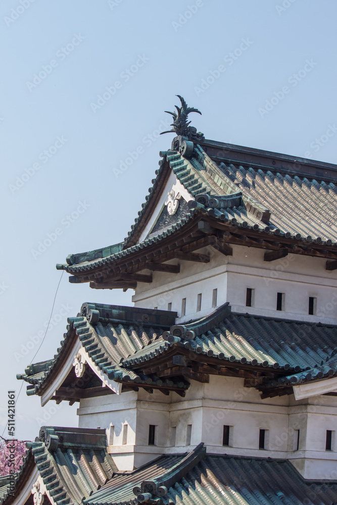 Close up the roof of Hirosaki Castle Tower in Hirosaki Park,Aomori,Tohoku,Japan. Close up the roof of Hirosaki Castle Tower in Hirosaki Park,Aomori,Tohoku,Japan.