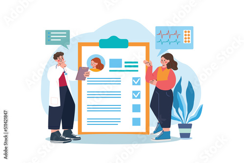 Doctor verifying a patient medical report Illustration concept. Flat illustration isolated on white background.