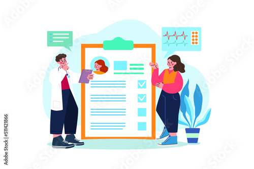 Doctor verifying a patient medical report Illustration concept. Flat illustration isolated on white background.