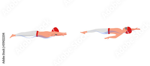 Set of Male swimmer character vector design. Presentation in various action with emotions, running, standing and walking.