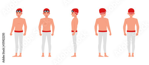 Set of Male swimmer character vector design. Presentation in various action with emotions  running  standing and walking.