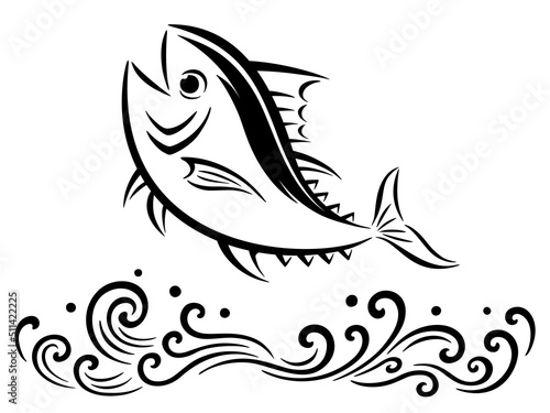 筆調のマグロと和風の波のイラスト
