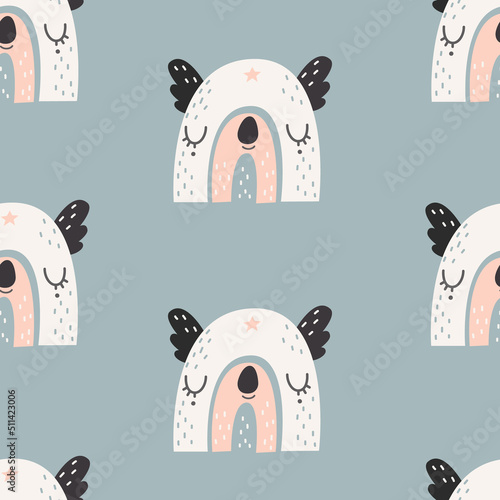 Seamless rainbow pattern with panda face. Vector illustration