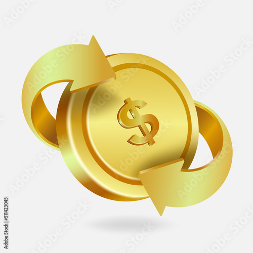 The golden arrow spins around a one dollar coin for making advertising media about cash back promotions,vector 3d isolated on white background for financial concept design