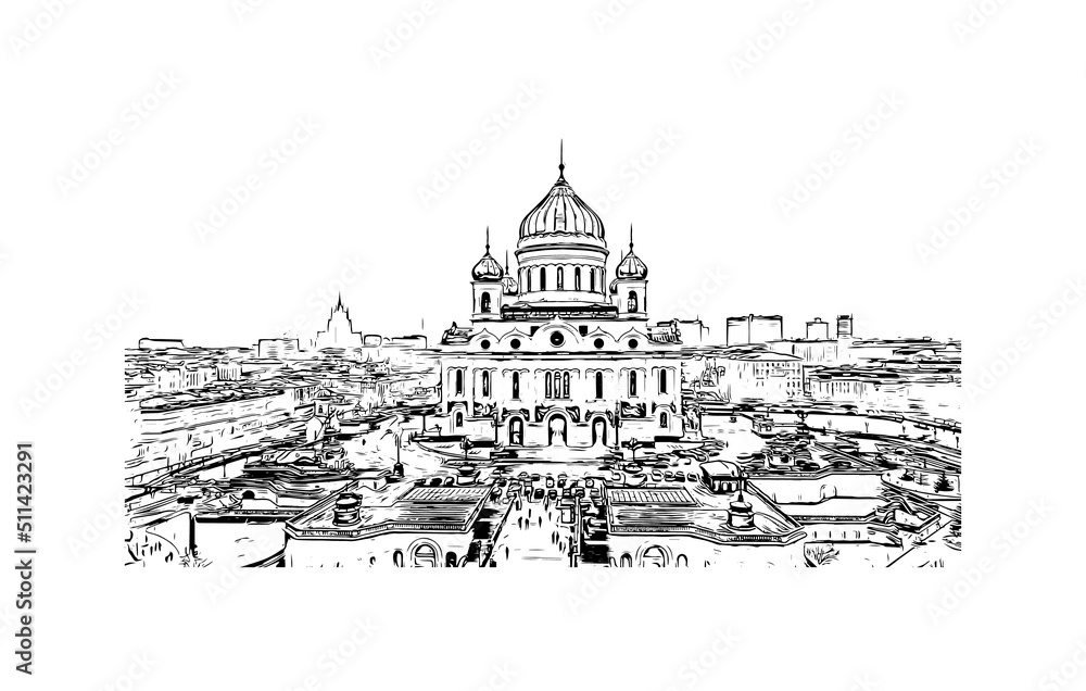 Building view with landmark of Moscow is the 
capital of Russia. Hand drawn sketch illustration in vector.