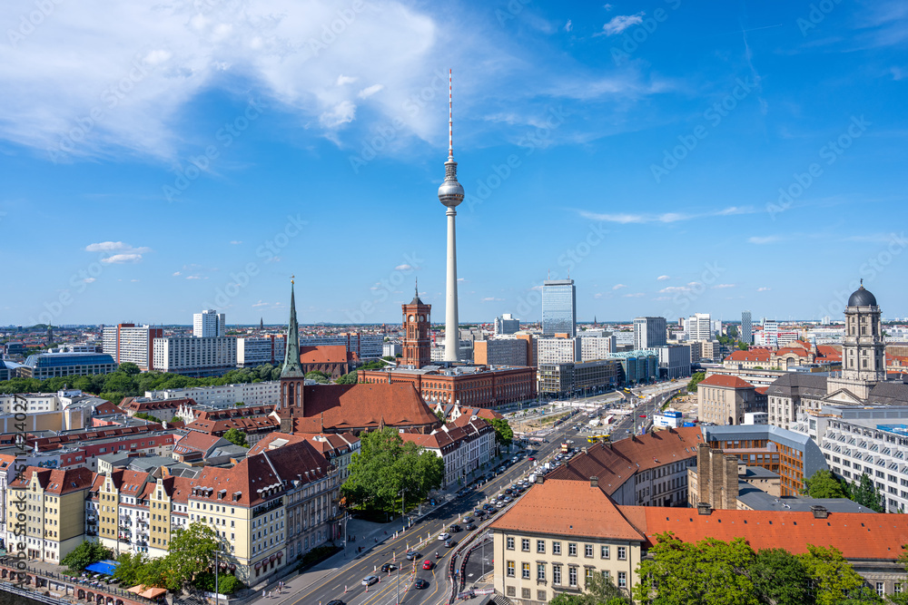 Downtown Berlin with the famous TV Tower on a sunny day