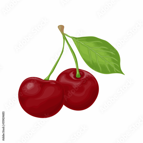 Cherry. An image of a ripe red cherry. Red cherry berries with a green leaf. Garden berries. Vector illustration isolated on a white background