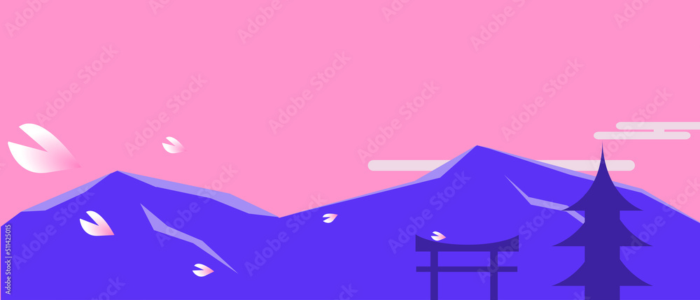 Minimal Styled Sakura Blossom Petals floating over mountains, with Torii and Castle