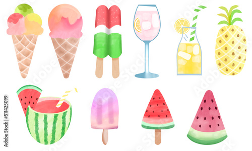 Summer Food Tropical Fruit Drink Ice Crean Cocktails Refreshment colorful hand painted illustration