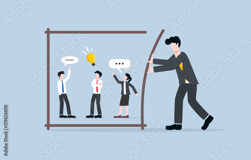 Controlling idea within working framework, 
determining scope of work for employee concept. Businessman manager closing boundary box to control his employees' thoughts in right way.