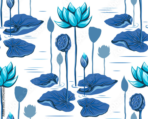 Seamless vector texture with lotus flowers, leaves and lake. Botanical pattern with blue hand-drawn water lilies on stems in a pond