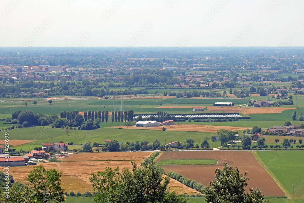 landscape of Wide flatland called Padan Plain in Northern Italty with Farm and cultivated fields