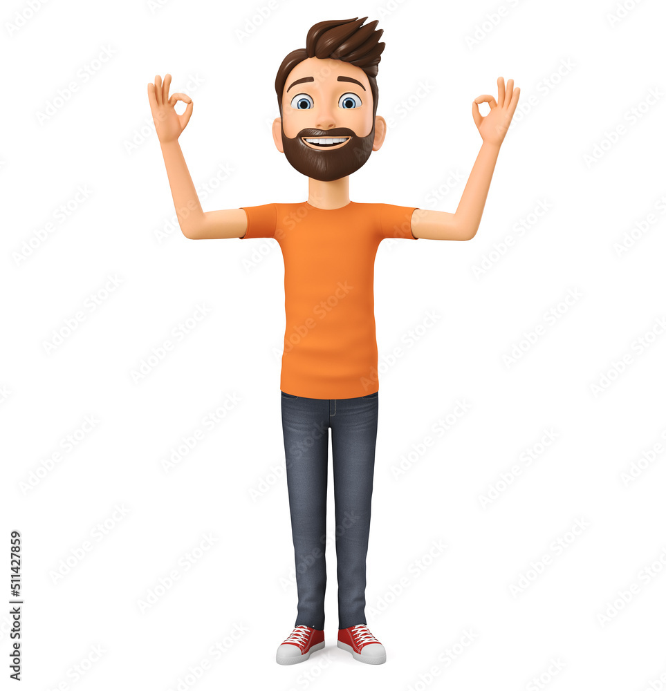 Cartoon character guy in orange t-shirt shows ok. 3d render illustration. Cartoon character guy in orange t-shirt shows ok. 3d render illustration.