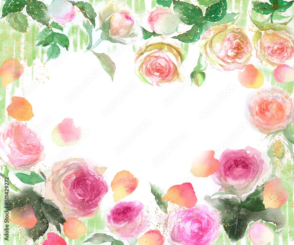 ピエールドロンサールのフラワーリースと金粉の水彩画手描きイラストとピンクとオレンジ色のバラの花びらが舞う背景
