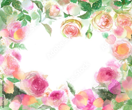ピエールドロンサールのフラワーリースと金粉の水彩画手描きイラストとピンクとオレンジ色のバラの花びらが舞う背景 © NORIMA