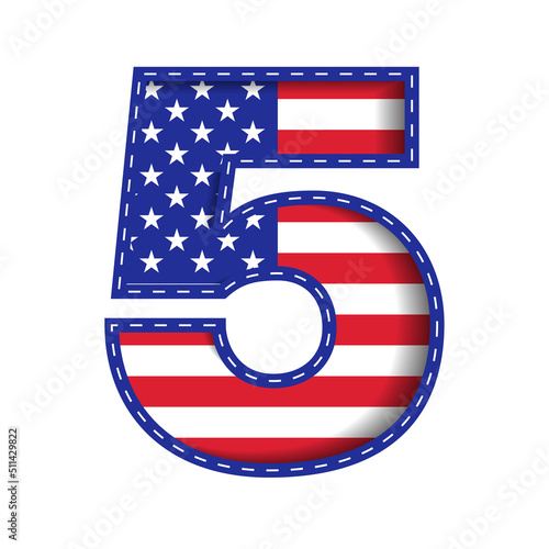 5 Numeric Number Character Letter USA Independence Memorial Day United States of America Character Font Blue Navy Red Star Stripes  National Flag White Background 3D Paper Cutout  Vector Illustration