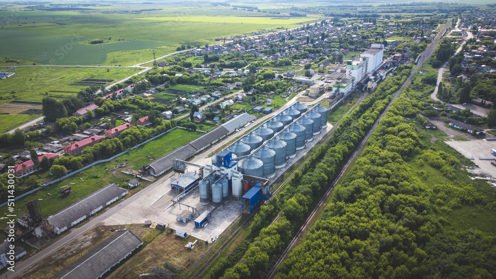 silo elevator, a view from a height, a modern grain storage elevator and a seed cleaning line. cleaning of agricultural products, flour, cereals and grains, Grain drying systems