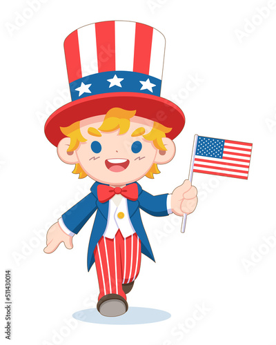 Cute style little kid waving American flag cartoon illustration
