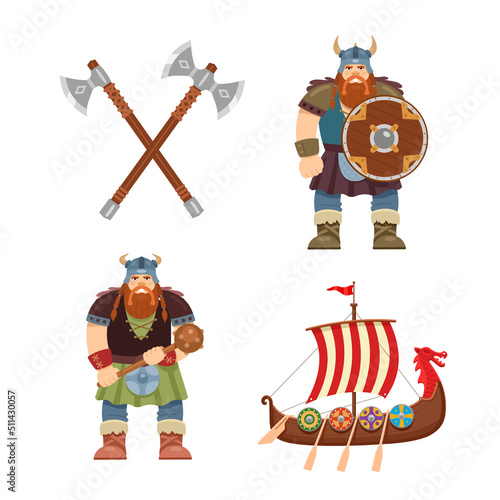 Viking character, weapon and boat. Vector set. Cartoon style, flat vector illustration.